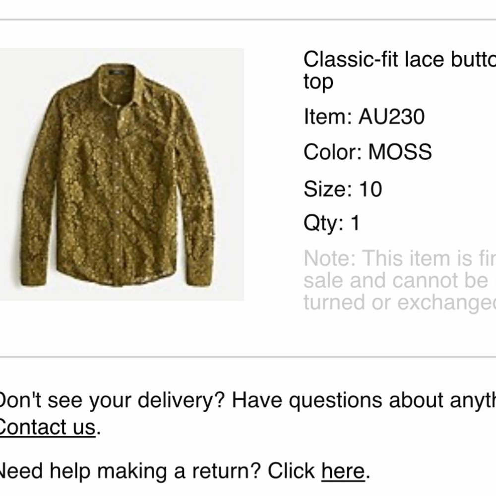 J Crew Classic Fit Lace Button Up Top. Color Moss. Sz 10.